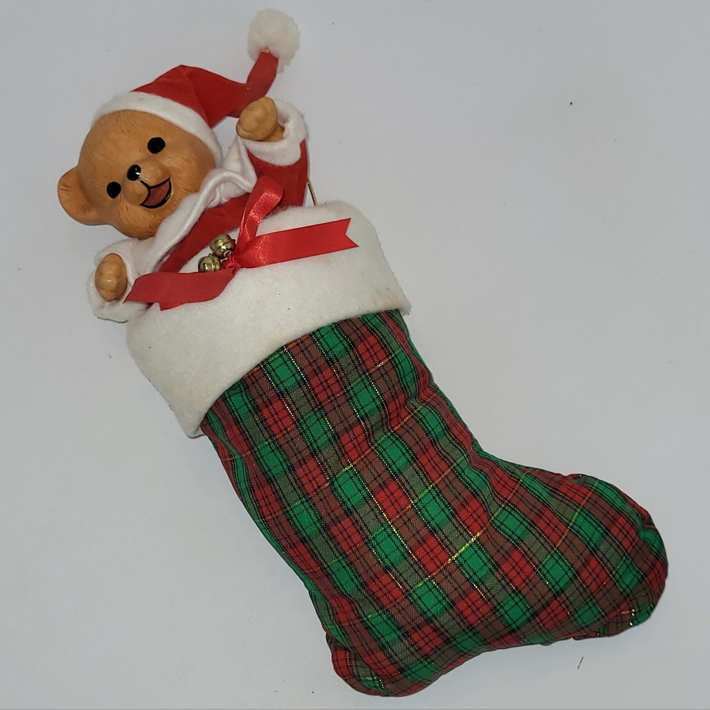 Vintage Ceramic Bear Wind Up Musical Christmas Stocking Decor